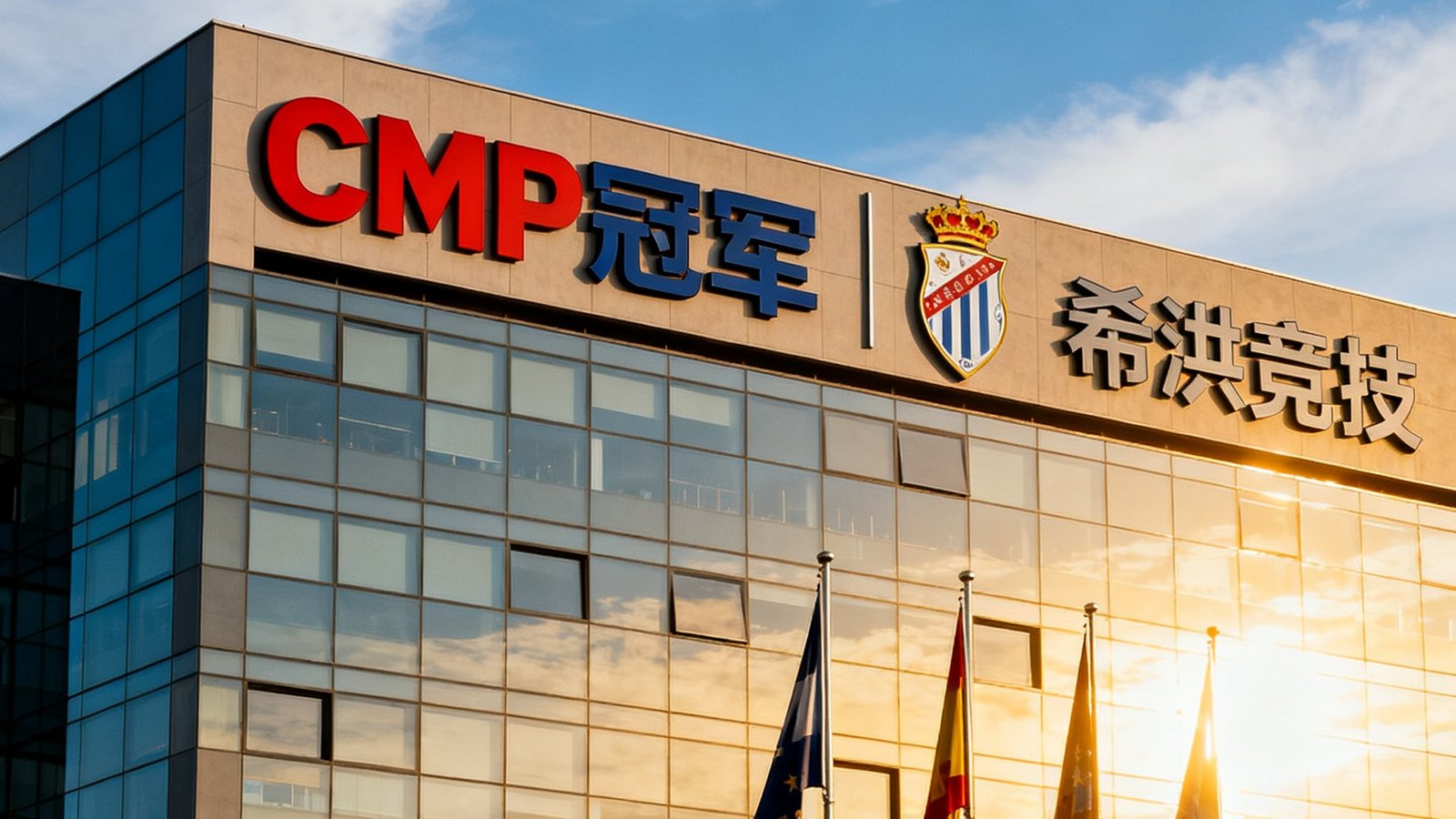 CMP冠军马德里总部所在的现代化办公楼外观，建筑外立面展示着CMP冠军和希洪竞技的联合品牌标志，阳光明媚的西班牙天空下旗帜飘扬